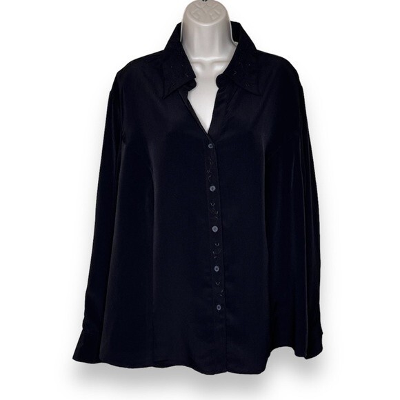 Vintage Penmans Plus Embroidered Collar Placket Long Sleeve Black Top Women 3X - Picture 1 of 12